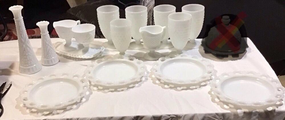 Vintage Milk Glass 15 Piece Lot Open Lace Plates Fenton Hobnail Vases Creamer